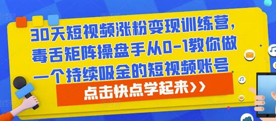 30天短视频涨粉变现训练营，毒舌矩阵操盘手从0-1教你做一个持续吸金的短视频账号