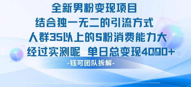 全新男粉变现项目引流人群35以上的男粉消费能力大 经过实测单日变现1k+