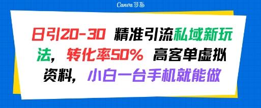 日引 20-30 精准引流私域新玩法，转化率50% 高客单虚拟资料，小白一台手机就能做