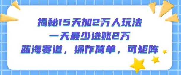 揭秘15天加2W人玩法，一天最少2万进账，蓝海赛道，操作简单，可矩阵