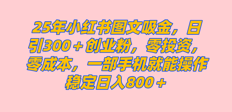 25年小红书创业粉图文自热打法,一部手机简单操作, 日引300+创业粉,零投资,零成本,每天利用20分钟就能完成