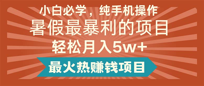 小白必学,纯手机操作,暑假最暴利的项目轻松月入5w+最火热赚钱项目