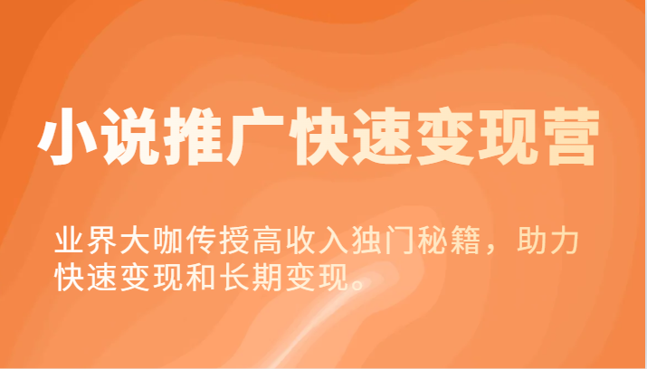 小说推广快速变现营-业界大咖传授高收入独门秘籍,助力快速变现和长期变现。