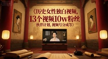 历史女性独白视频,13个视频10w粉丝,伙伴计划,视频号分成等